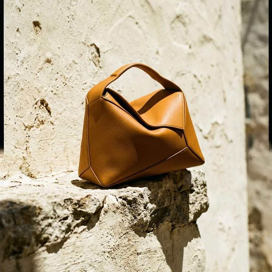 Deep ochre architectural leather handbag on a sun-bleached ledge