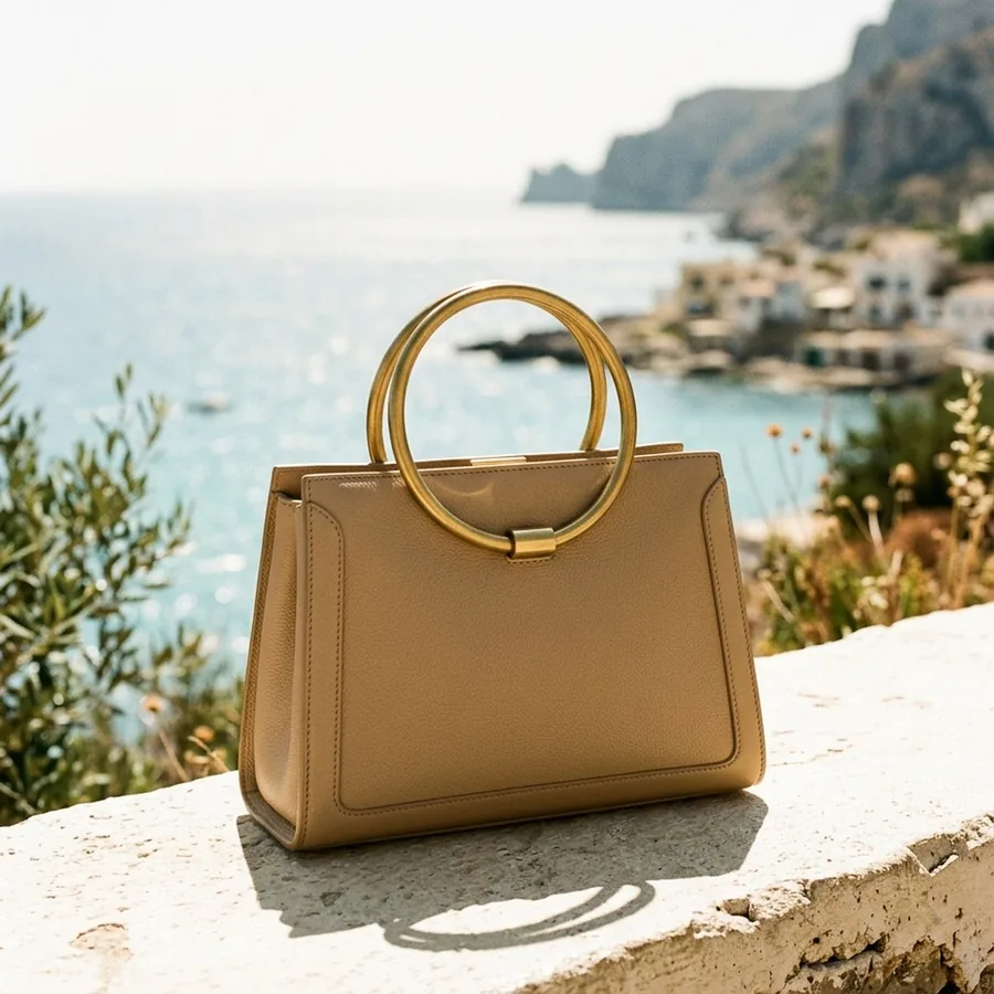 Sand-colored structured handbag with brass circular handle in Mediterranean light