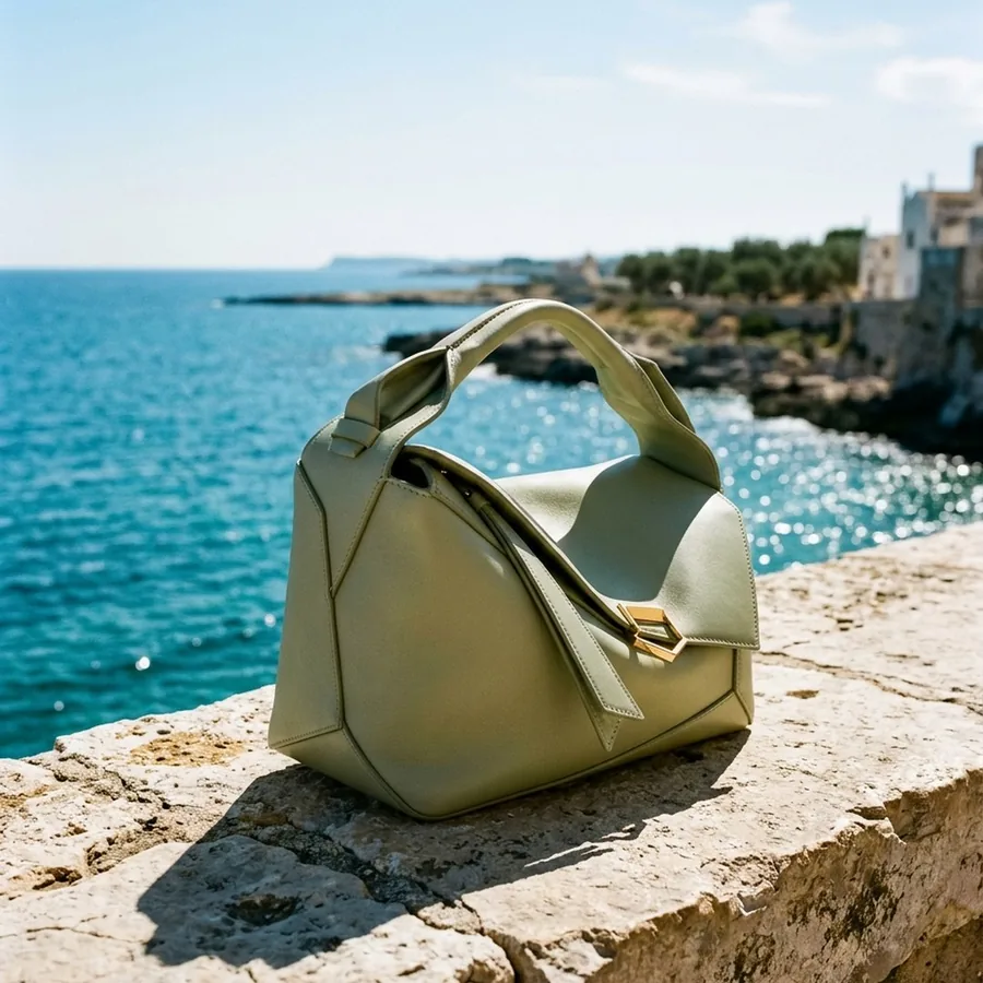 Pale sage deconstructed handbag on limestone overlooking the Mediterranean