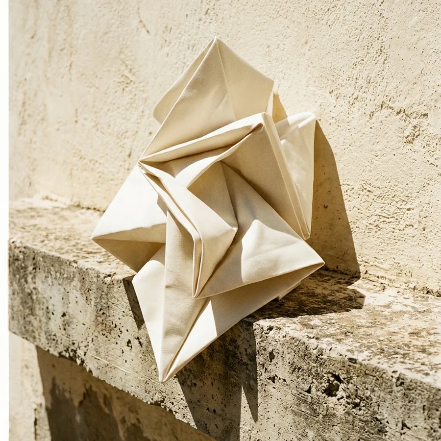 Draped ivory textile object on stone in harsh Mediterranean light